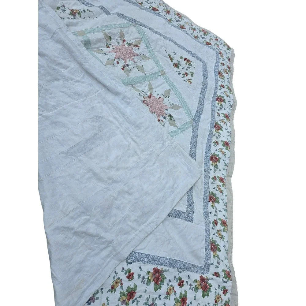 Handmade Patchwork Star Floral Quilt White Pink Green Farmhouse Cottagecore
